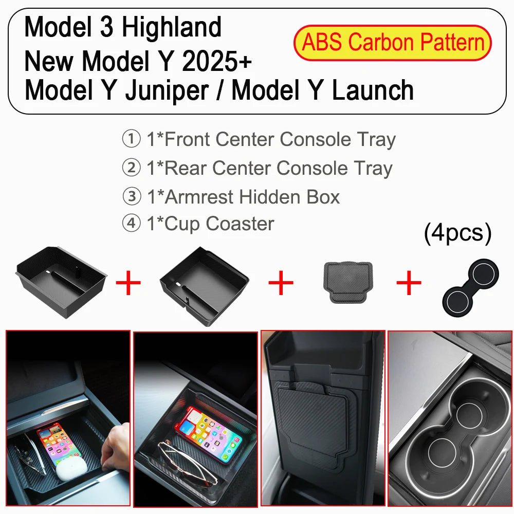 Center Console Organizer Tray for Tesla Model Y Juniper & Model 3 2025 Cup Holder Armrest Hidden Storage Box Drawer Accessories