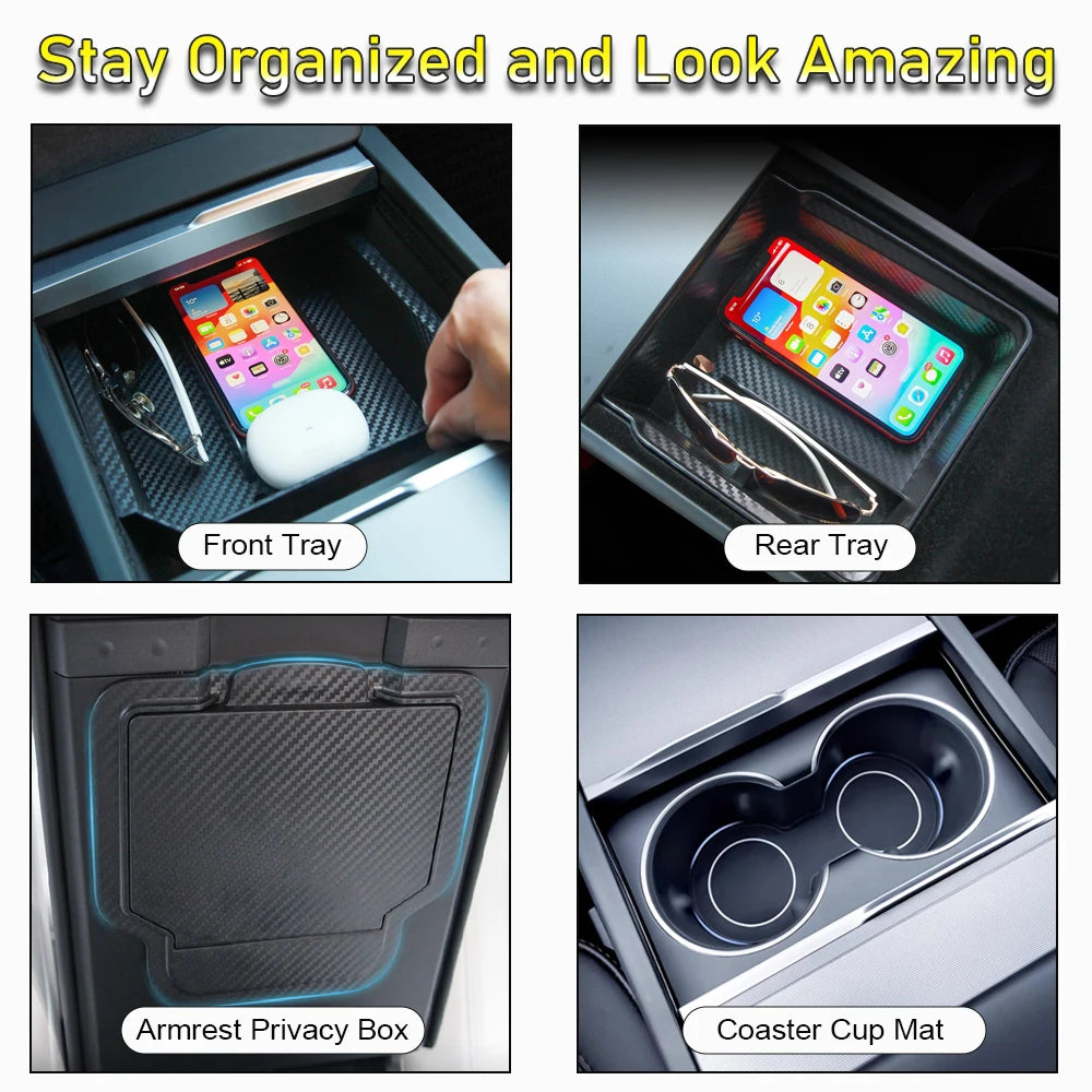 Center Console Organizer Tray for Tesla Model Y Juniper & Model 3 2025 Cup Holder Armrest Hidden Storage Box Drawer Accessories